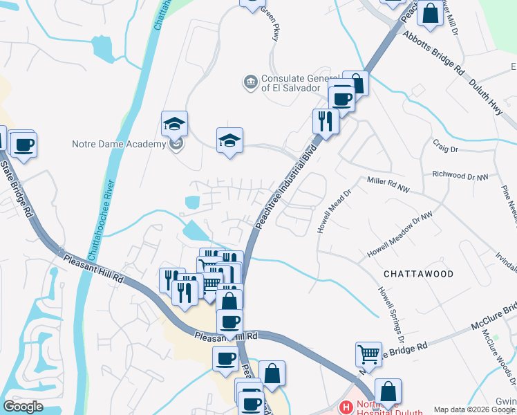 map of restaurants, bars, coffee shops, grocery stores, and more near 3490 Tulip Tree Lane in Duluth