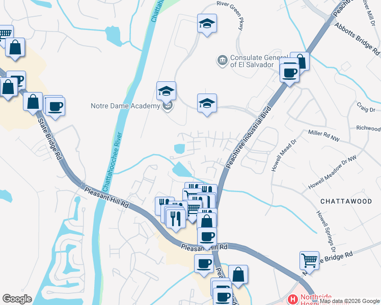 map of restaurants, bars, coffee shops, grocery stores, and more near 3554 Knotsberry Lane in Duluth