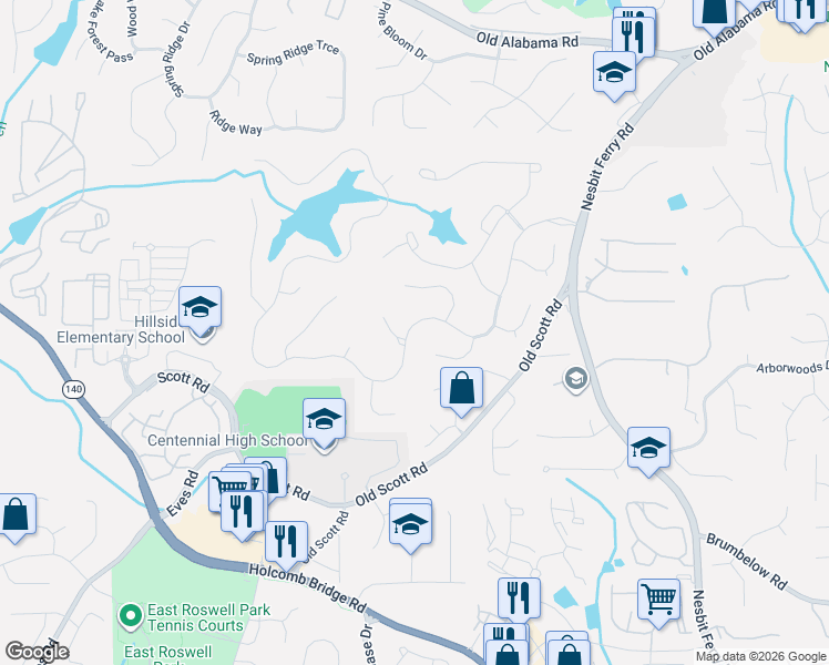 map of restaurants, bars, coffee shops, grocery stores, and more near 905 Waters Reach Court in Alpharetta