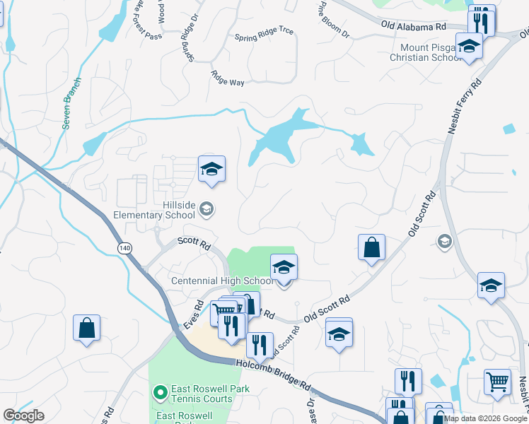 map of restaurants, bars, coffee shops, grocery stores, and more near 320 Mistwater Trce in Alpharetta