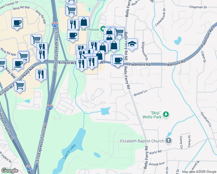 map of restaurants, bars, coffee shops, grocery stores, and more near 2469 Lake Brook Drive in Marietta