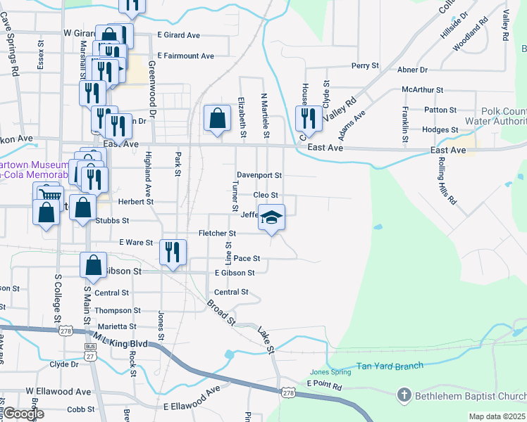 map of restaurants, bars, coffee shops, grocery stores, and more near 238 South Martiele Street in Cedartown