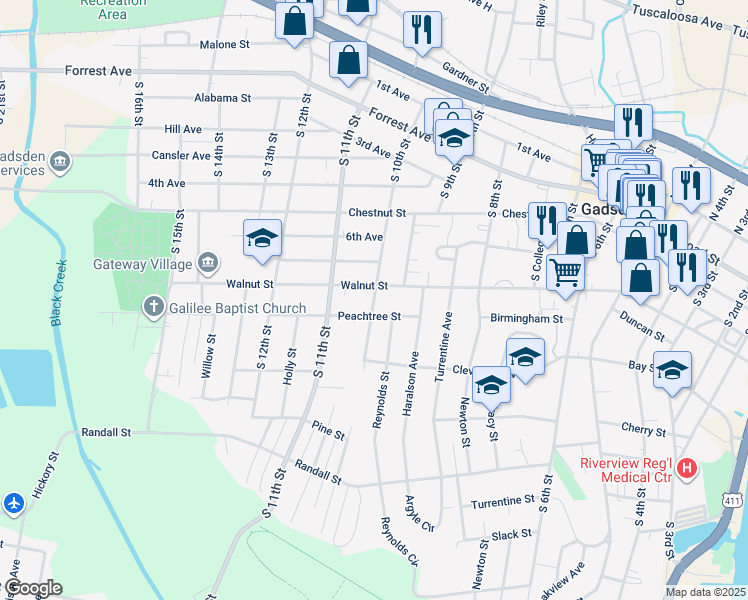 map of restaurants, bars, coffee shops, grocery stores, and more near 717 South 10th Street in Gadsden