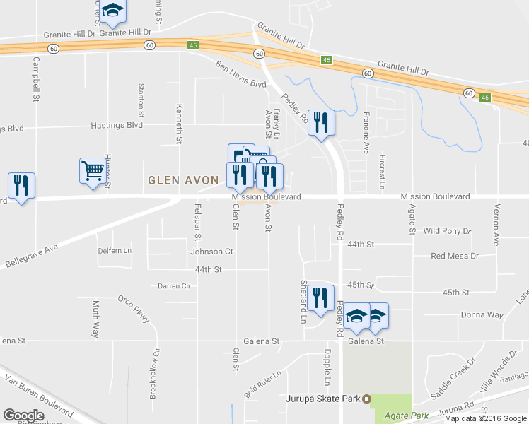 map of restaurants, bars, coffee shops, grocery stores, and more near 4241 Avon Street in Riverside