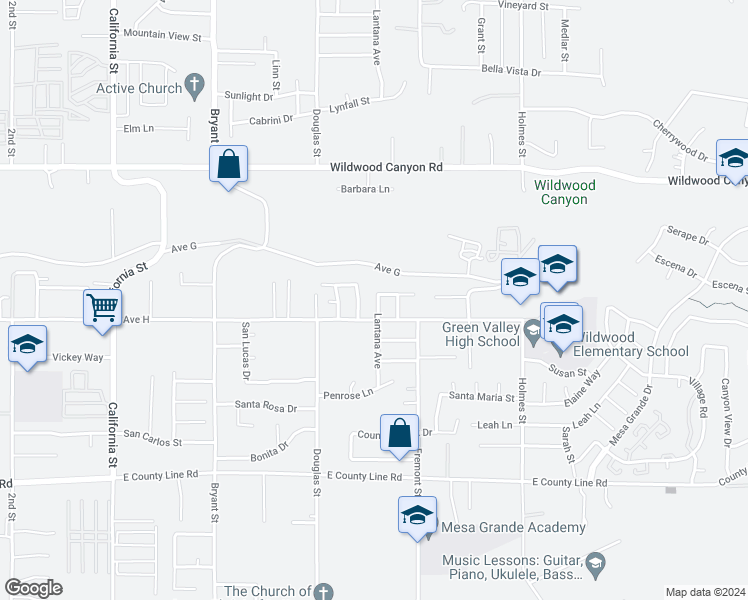 map of restaurants, bars, coffee shops, grocery stores, and more near 13360 Lantana Avenue in Yucaipa