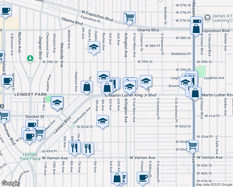 map of restaurants, bars, coffee shops, grocery stores, and more near 2401 West Martin Luther King Junior Boulevard in Los Angeles