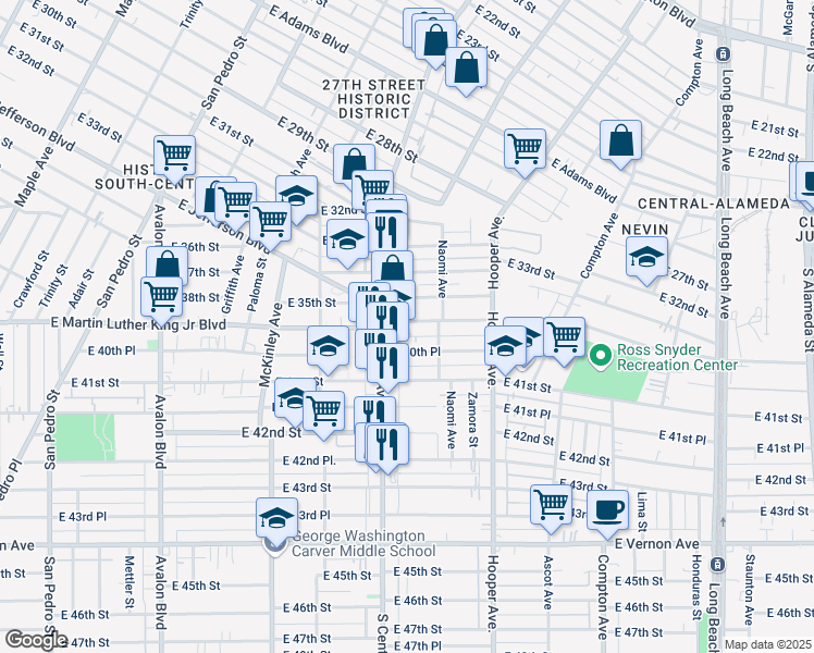 map of restaurants, bars, coffee shops, grocery stores, and more near 1140 East Martin Luther King Junior Boulevard in Los Angeles