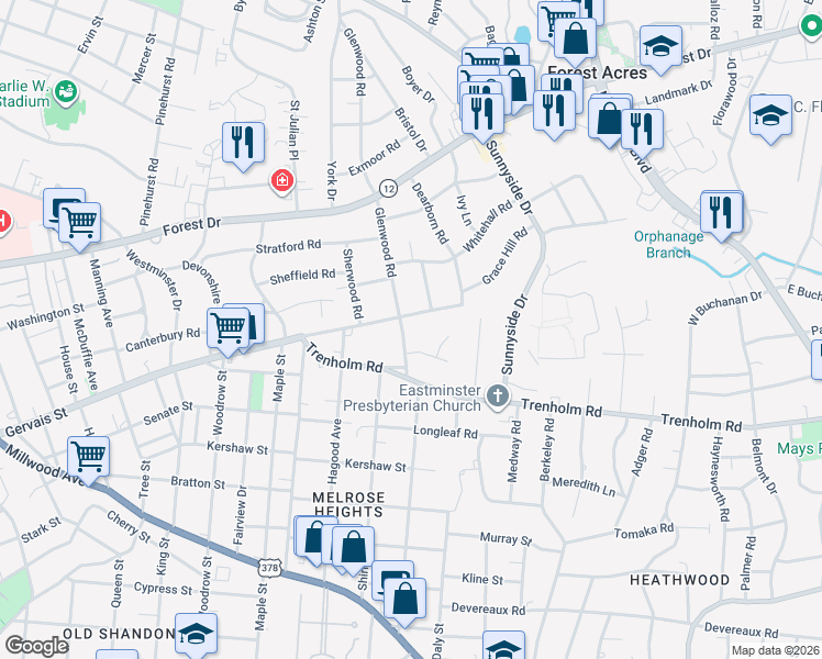 map of restaurants, bars, coffee shops, grocery stores, and more near 1124 Glenwood Road in Columbia