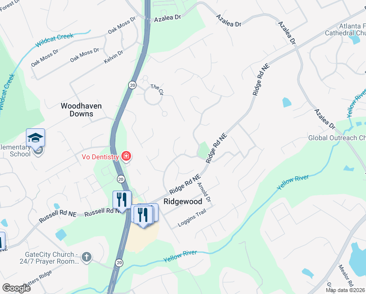 map of restaurants, bars, coffee shops, grocery stores, and more near 868 Branch Tree Court in Lawrenceville