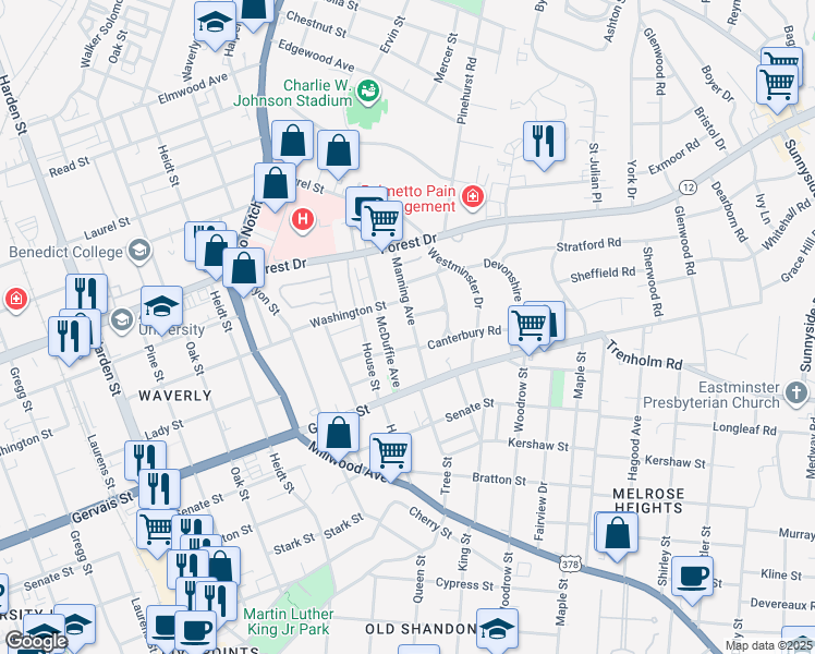 map of restaurants, bars, coffee shops, grocery stores, and more near 1309 Manning Avenue in Columbia