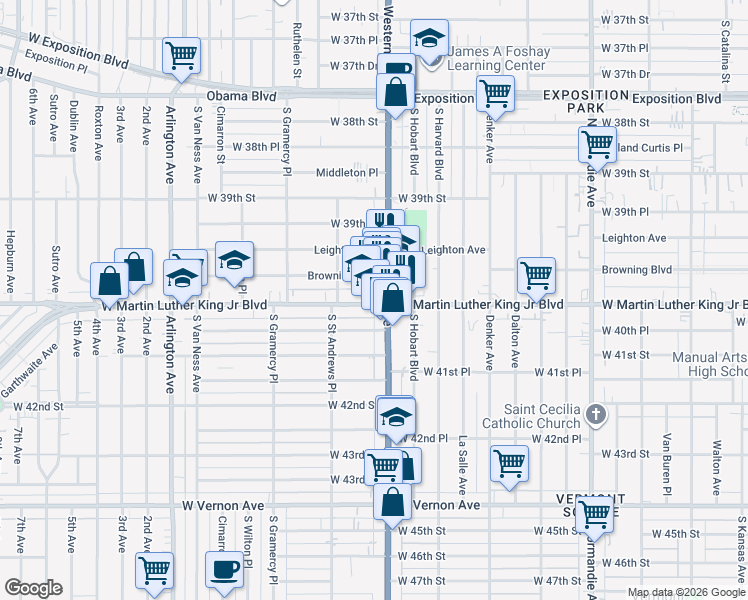 map of restaurants, bars, coffee shops, grocery stores, and more near 1701 West Martin Luther King Junior Boulevard in Los Angeles