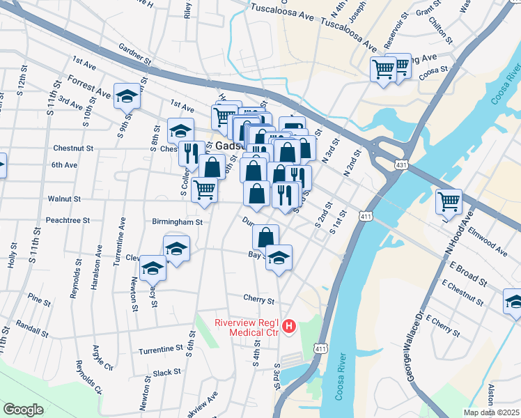 map of restaurants, bars, coffee shops, grocery stores, and more near 241 South 4th Street in Gadsden