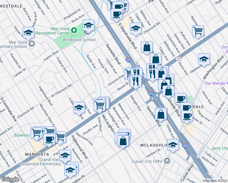 map of restaurants, bars, coffee shops, grocery stores, and more near 11423 Biona Drive in Los Angeles