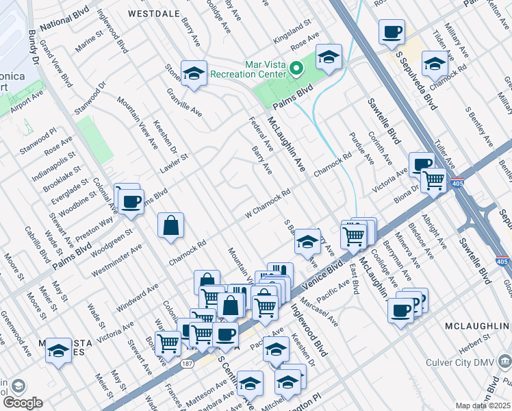 map of restaurants, bars, coffee shops, grocery stores, and more near 11925 Charnock Road in Los Angeles