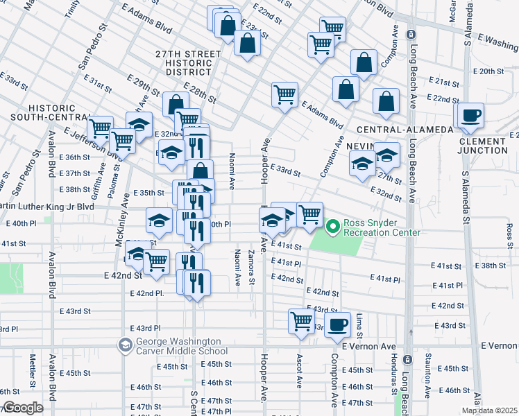 map of restaurants, bars, coffee shops, grocery stores, and more near 1280 East Martin Luther King Junior Boulevard in Los Angeles