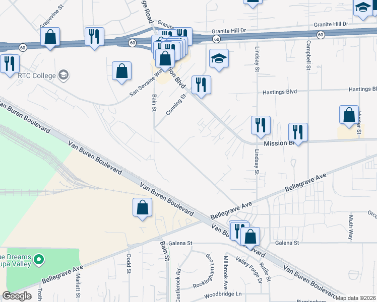 map of restaurants, bars, coffee shops, grocery stores, and more near 9931 Union Street in Riverside