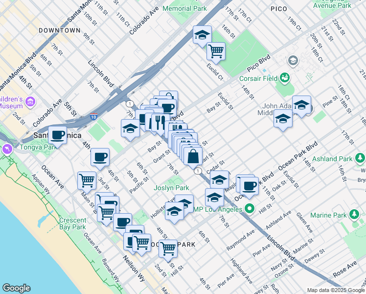 map of restaurants, bars, coffee shops, grocery stores, and more near 818 Grant Street in Santa Monica