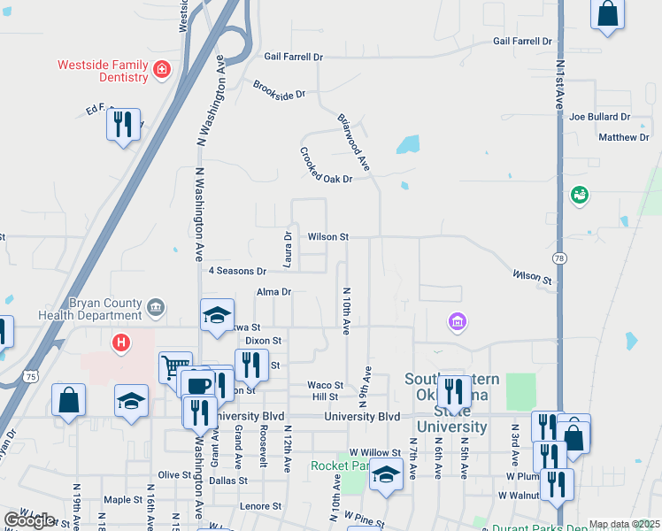 map of restaurants, bars, coffee shops, grocery stores, and more near 2014 4 Seasons Drive in Durant