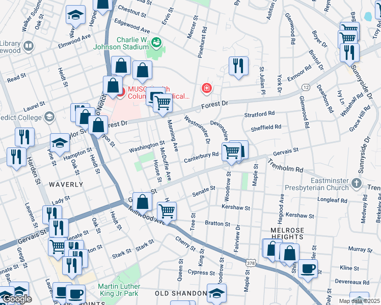 map of restaurants, bars, coffee shops, grocery stores, and more near 1311 Cambridge Lane in Columbia