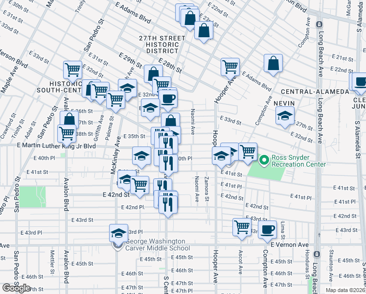 map of restaurants, bars, coffee shops, grocery stores, and more near 1162 East Martin Luther King Junior Boulevard in Los Angeles