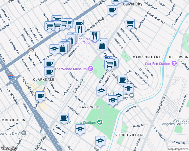 map of restaurants, bars, coffee shops, grocery stores, and more near 10819 Wagner Street in Culver City