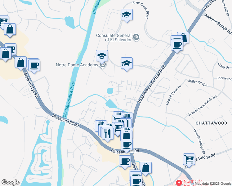 map of restaurants, bars, coffee shops, grocery stores, and more near 3554 Knotsberry Lane in Duluth