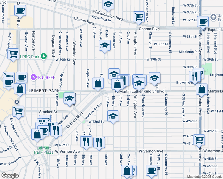 map of restaurants, bars, coffee shops, grocery stores, and more near 2601 West Martin Luther King Junior Boulevard in Los Angeles
