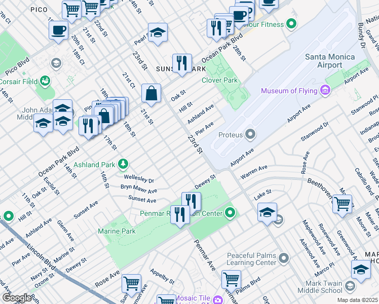 map of restaurants, bars, coffee shops, grocery stores, and more near 2201 Marine Street in Santa Monica