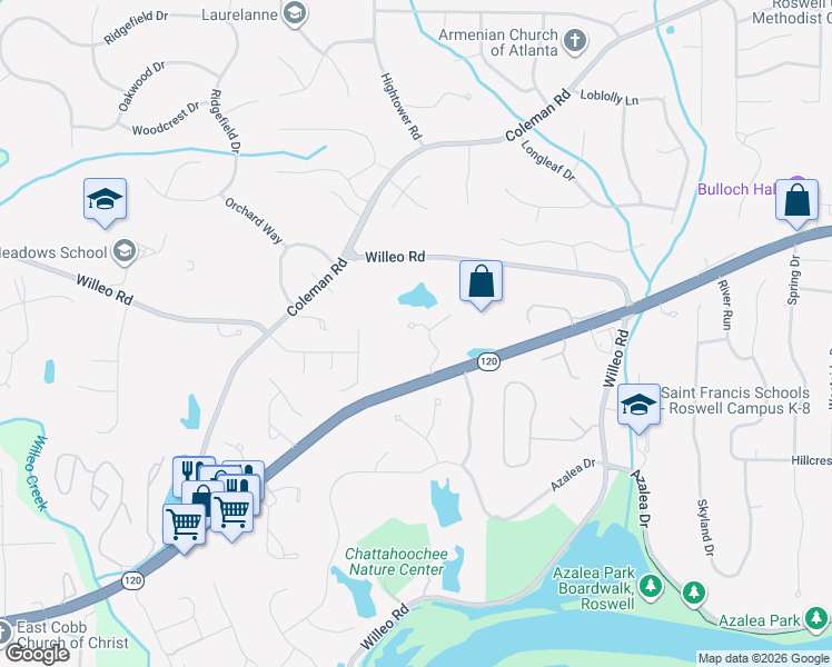 map of restaurants, bars, coffee shops, grocery stores, and more near 175 Lullwater Court in Roswell