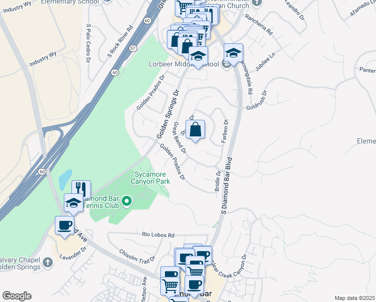 map of restaurants, bars, coffee shops, grocery stores, and more near 746 Great Bend Drive in Diamond Bar