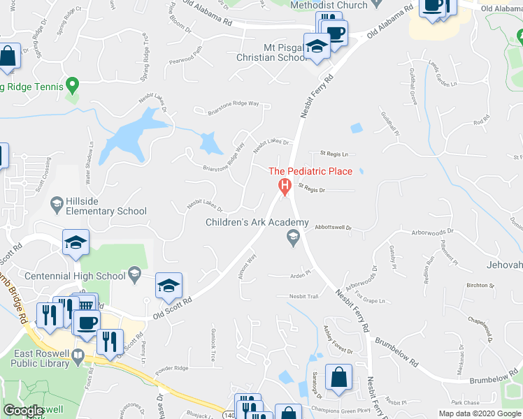 map of restaurants, bars, coffee shops, grocery stores, and more near 2635 Coachmans Circle in Alpharetta