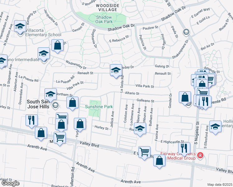 map of restaurants, bars, coffee shops, grocery stores, and more near 402 Jellick Avenue in La Puente