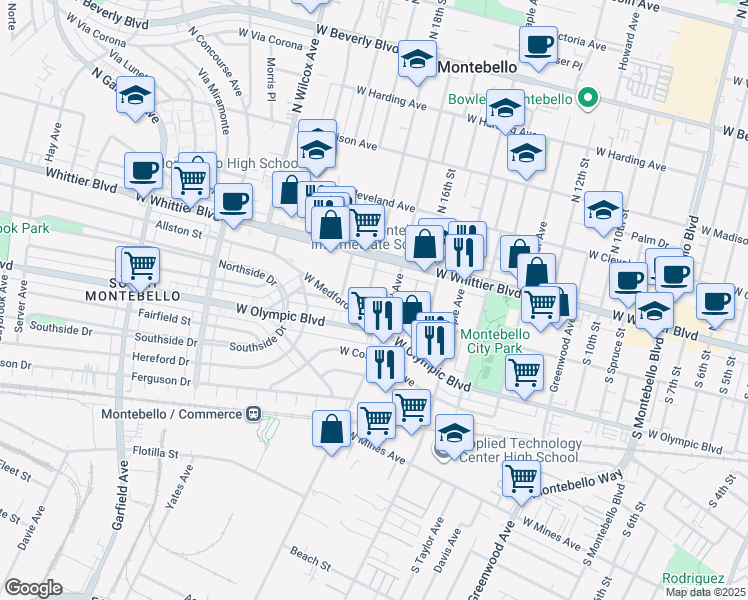 map of restaurants, bars, coffee shops, grocery stores, and more near 142 South 18th Street in Montebello