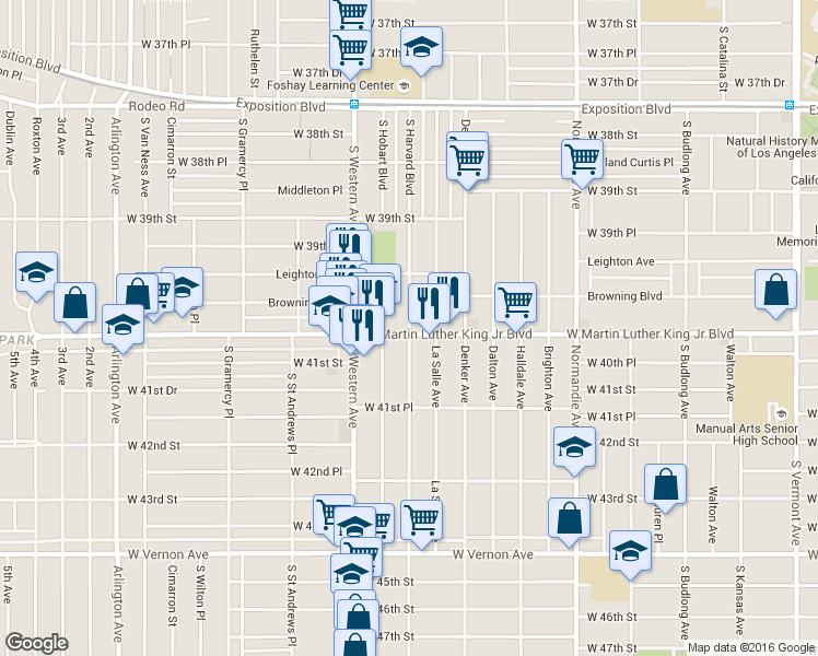map of restaurants, bars, coffee shops, grocery stores, and more near 3996 South Harvard Boulevard in Los Angeles