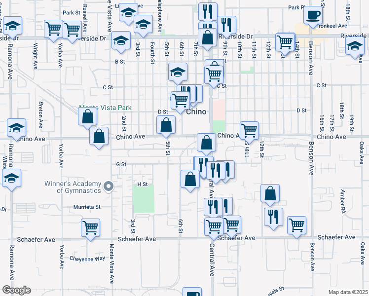 map of restaurants, bars, coffee shops, grocery stores, and more near 42 F Street in Chino