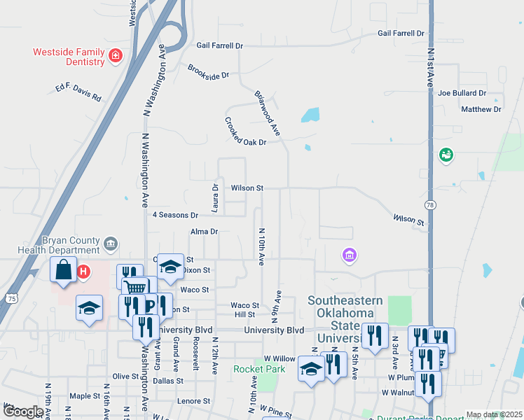map of restaurants, bars, coffee shops, grocery stores, and more near 2014 4 Seasons Drive in Durant