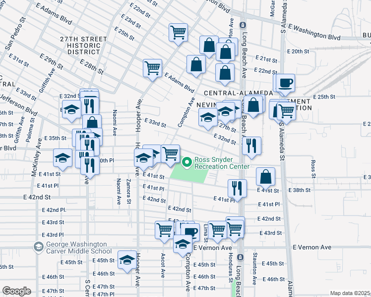 map of restaurants, bars, coffee shops, grocery stores, and more near 1537 East Martin Luther King Junior Boulevard in Los Angeles