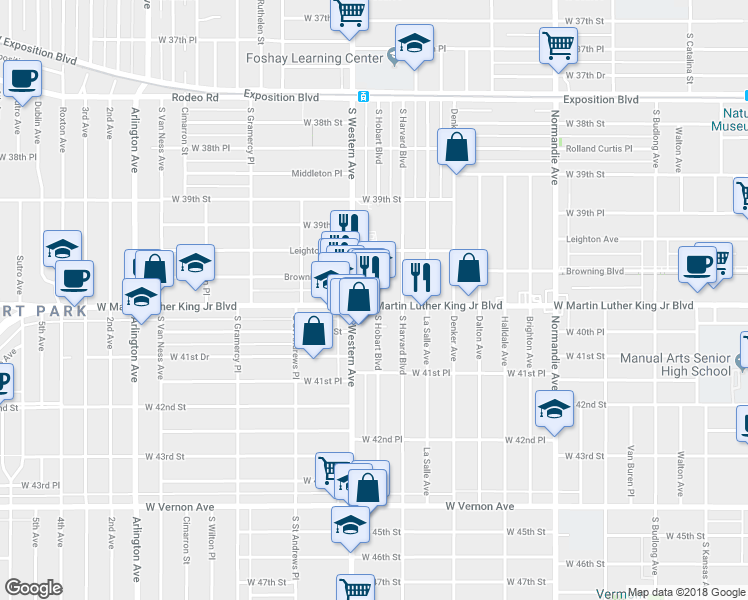 map of restaurants, bars, coffee shops, grocery stores, and more near 1653 West Martin Luther King Junior Boulevard in Los Angeles