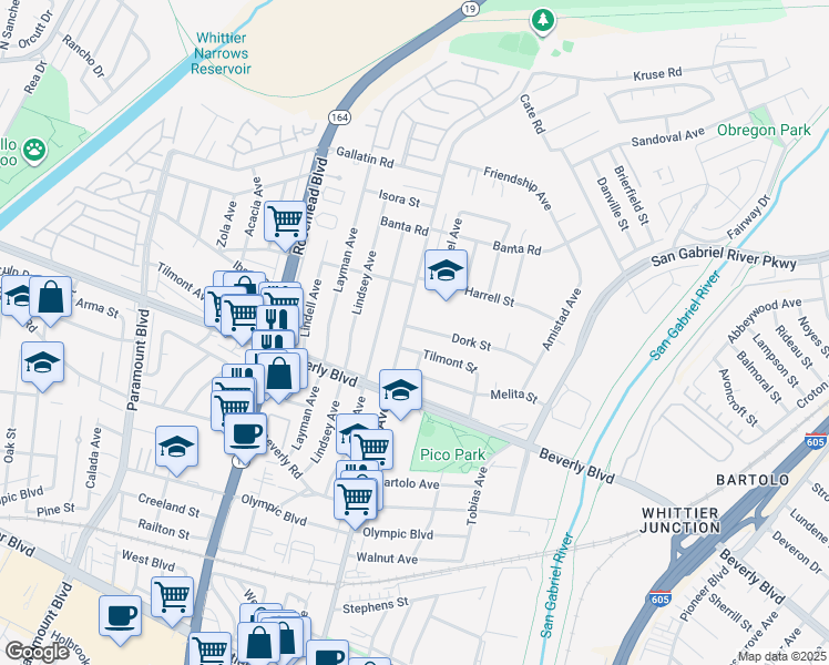 map of restaurants, bars, coffee shops, grocery stores, and more near 9306 Dork Street in Pico Rivera