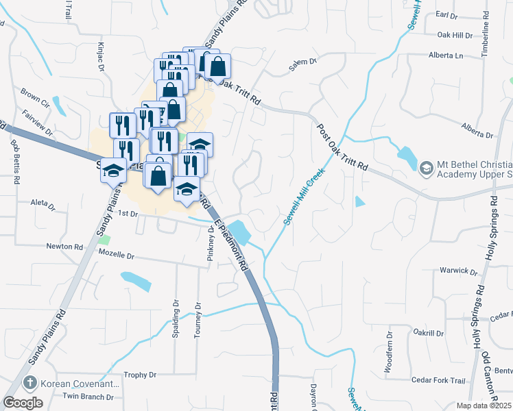 map of restaurants, bars, coffee shops, grocery stores, and more near 2249 Mainsail Court in Marietta