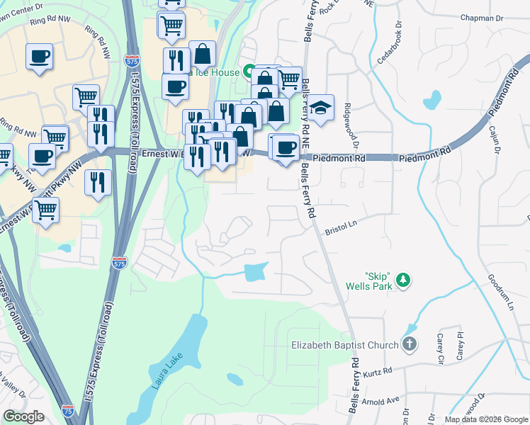 map of restaurants, bars, coffee shops, grocery stores, and more near 2469 Lake Brook Drive in Marietta