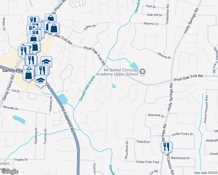 map of restaurants, bars, coffee shops, grocery stores, and more near 2584 Oak Village Place Northeast in Marietta