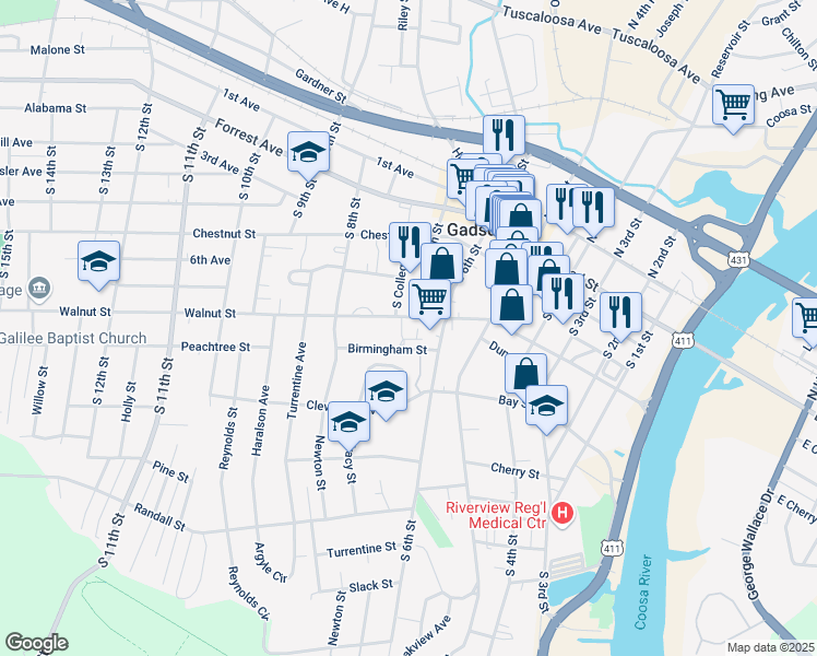 map of restaurants, bars, coffee shops, grocery stores, and more near 644 Walnut Street in Gadsden