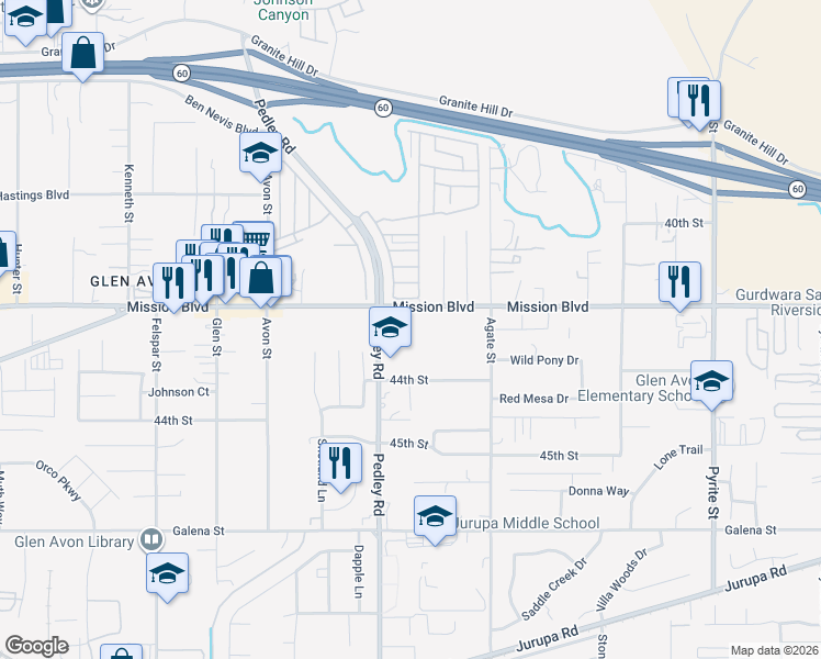 map of restaurants, bars, coffee shops, grocery stores, and more near 8744 Mission Boulevard in Riverside