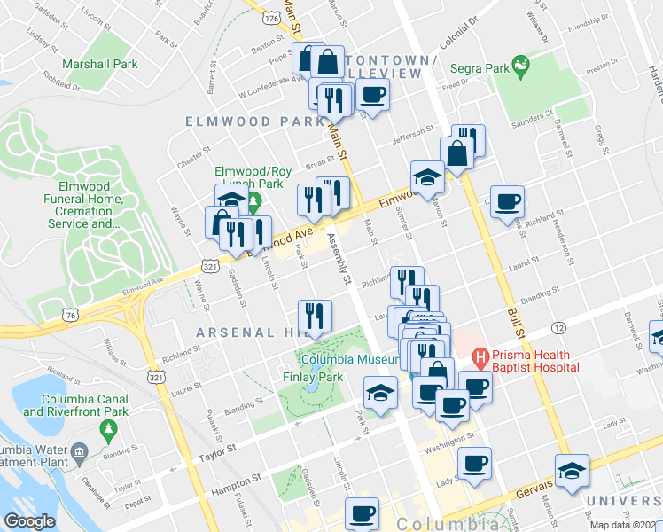 map of restaurants, bars, coffee shops, grocery stores, and more near 1012 Calhoun Street in Columbia