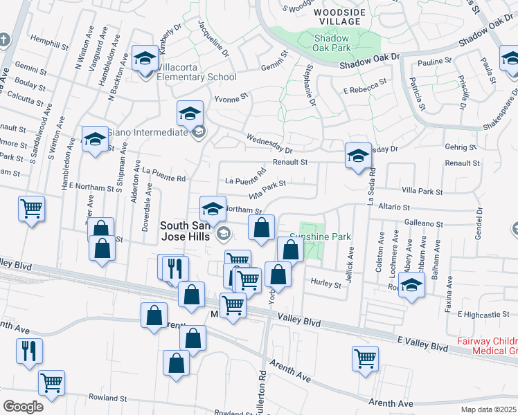 map of restaurants, bars, coffee shops, grocery stores, and more near 18175 East Northam Street in La Puente