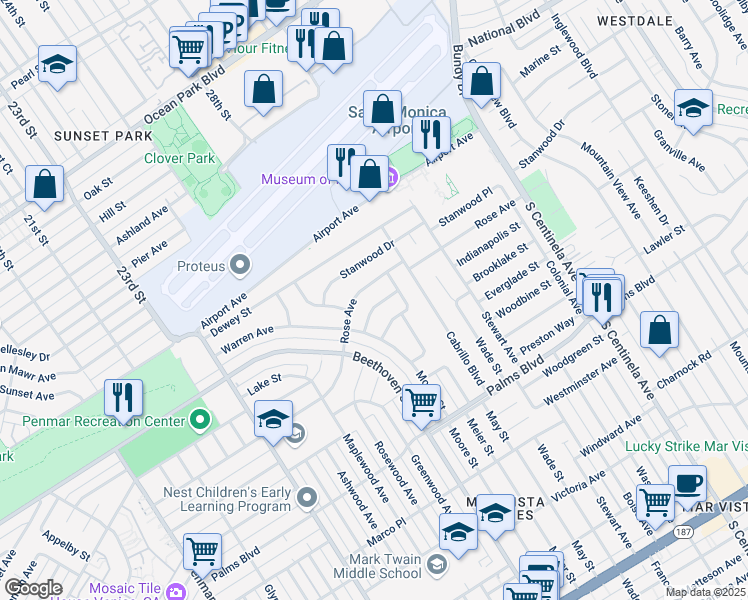 map of restaurants, bars, coffee shops, grocery stores, and more near 12816 Rose Avenue in Los Angeles