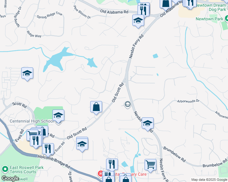 map of restaurants, bars, coffee shops, grocery stores, and more near 2635 Coachmans Circle in Alpharetta