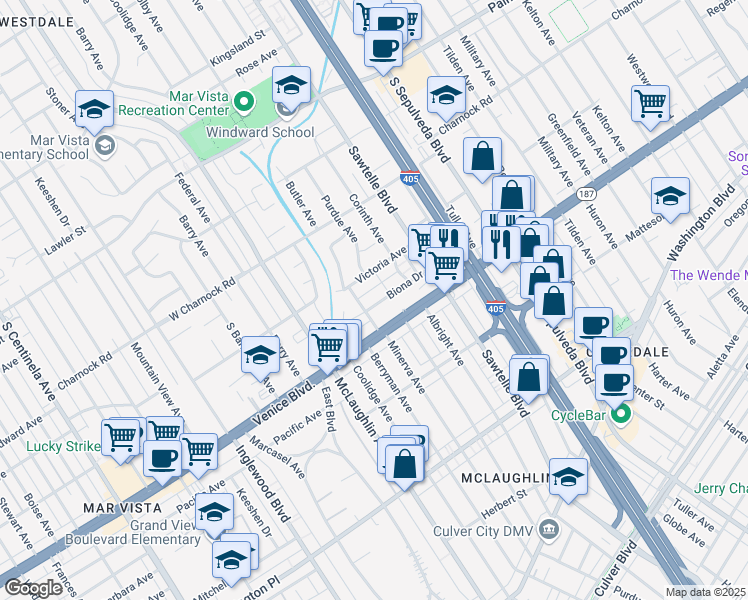 map of restaurants, bars, coffee shops, grocery stores, and more near 11423 Biona Drive in Los Angeles