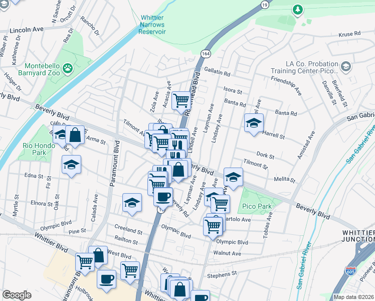 map of restaurants, bars, coffee shops, grocery stores, and more near 4339 Lindell Avenue in Pico Rivera